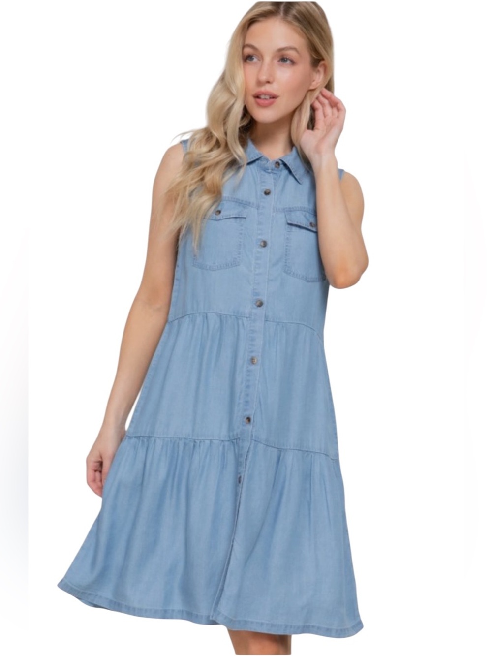Sleeveless Light Blue Denim-Look Tiered Mini Dress